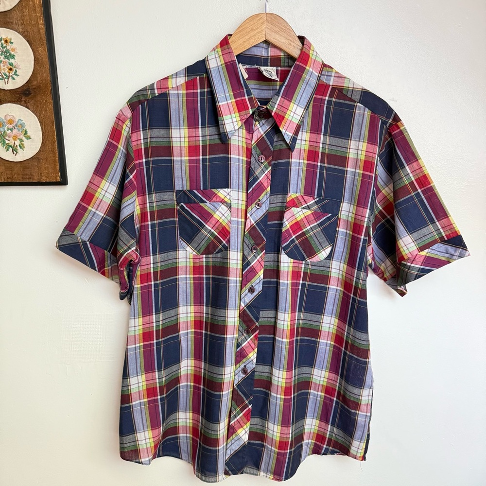 80s 90s Vintage Kennington Plaid Short Sleeve 2 Pocket Button Up Shirt